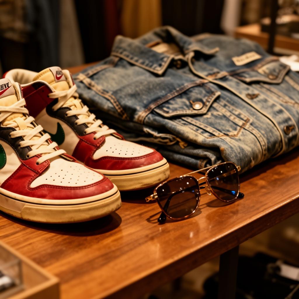 Curated vintage sneakers, denim jacket, and accessories on display